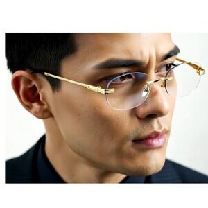 Clear Lens Eye‎ Glasses Small Sleek Gold Rimless Hip Hop Sophisticated Minimalis